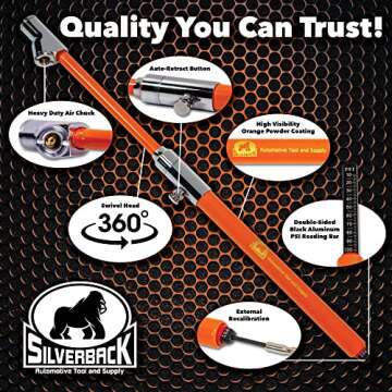Heavy Duty Silverback Hi-Visibility Tire Pressure Gauge with Auto-Retract Bar