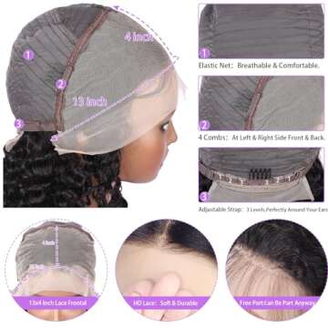 24 Inch Deep Wave Lace Frontal Wigs Human Hair 13x4 HD Lace Front Wigs for Black Women Long Side Part Human Hair Wig Pre Plucked with Baby Hair Natural Black