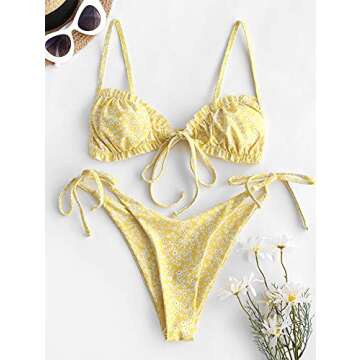 ZAFUL Ditsy Floral Frilled Tie Knot Front Strappy Bikini Sets Swimwear