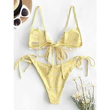 ZAFUL Ditsy Floral Frilled Tie Knot Front Strappy Bikini Sets Swimwear