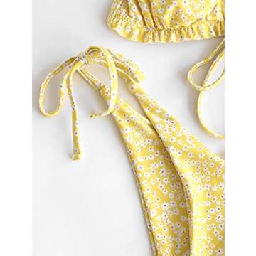 ZAFUL Ditsy Floral Frilled Tie Knot Front Strappy Bikini Sets Swimwear