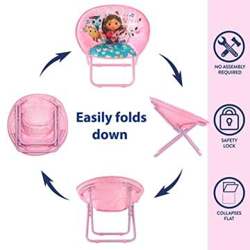 Idea Nuova Gabby's Dollhouse Toddler 19” Folding Saucer™ Chair with Cushion and Metal Frame, Ages 3+