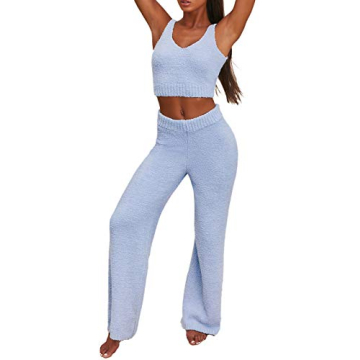 Women's Luxurious Fuzzy Sherpa Fleece 2 Piece Loungewear Set (Blue, M)