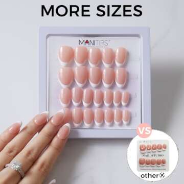 MANITIPS Reusable Handmade Press on Nails Short Almond, MANITIPS White French Tip Manicure Fake Nails with Glue, 12 Sizes - 24 Nail Kit