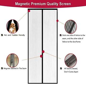 Aloudy Magnetic Screen Door Fits Doors Up to 36" x 98" MAX, Full Frame Velcro Instant Mesh Curtain, Hands Free Bugs Off Door Screen with Magnets