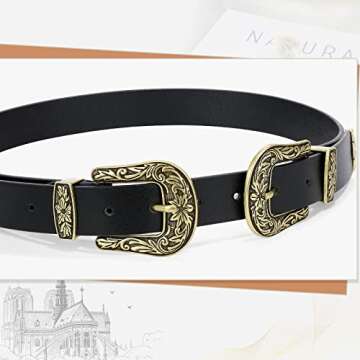 WHIPPY Vintage Western Leather Belt for Women Double Buckle Retro Cowgirl Waist Belts for Jeans Pants and Dresses Black