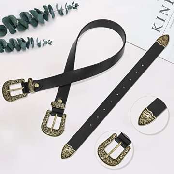 WHIPPY Vintage Western Leather Belt for Women Double Buckle Retro Cowgirl Waist Belts for Jeans Pants and Dresses Black