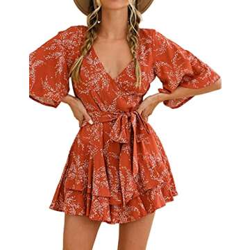 Relipop Women's Summer Romper - Floral V Neck Short Sleeve Casual Jumpsuit