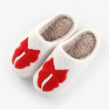LNERIP Women's Men's Bow Slippers Cute Funny Home Bowknot Slippers Fluffy Comfort Slip On House Shoes Red 41-42