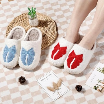 LNERIP Women's Men's Bow Slippers Cute Funny Home Bowknot Slippers Fluffy Comfort Slip On House Shoes Red 41-42