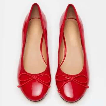 Adrizzlein Red Ballet Flats Shoes for Women Bowknot Round Toe Slip On Flats Pumps Comfort Chunky Low...