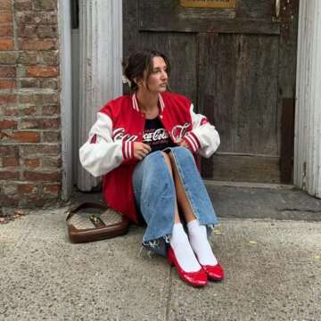 Adrizzlein Red Ballet Flats Shoes for Women Bowknot Round Toe Slip On Flats Pumps Comfort Chunky Low Heel Dress Shoes Red Size 6