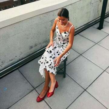 Adrizzlein Red Ballet Flats Shoes for Women Bowknot Round Toe Slip On Flats Pumps Comfort Chunky Low Heel Dress Shoes Red Size 6