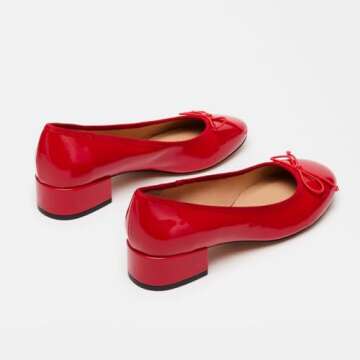 Adrizzlein Red Ballet Flats Shoes for Women Bowknot Round Toe Slip On Flats Pumps Comfort Chunky Low Heel Dress Shoes Red Size 6