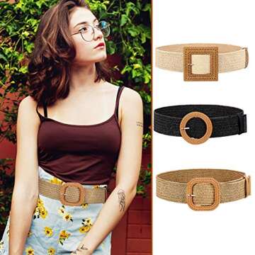 Syhood 3 Pieces Straw Woven Elastic Waist Belt for Women Bohemian Dress Braided Belt (Black, Khaki, Beige, Fit Waist Size Below 31'')