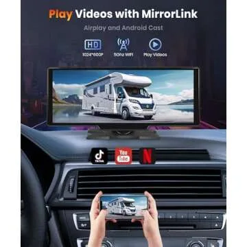 Podofo 10.26 inch Carplay Screen for Car with Wireless Carplay Android Auto MirrorLink, 1080P IPS Touch Screen Portable Radio Support Dual Bluetooth/Hands-Free/GPS/Siri/FM Transmit/Aux/TF Card