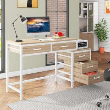 Tribesigns Computer Desk with 5 Drawers, Home Office Desks with Reversible Drawer Cabinet Printer St...