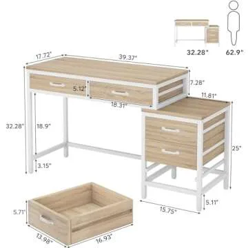 Tribesigns Computer Desk with 5 Drawers, Home Office Desks with Reversible Drawer Cabinet Printer Stand, Industrial PC Desk with Storage, Study Writing Table Workstation for Small Spaces
