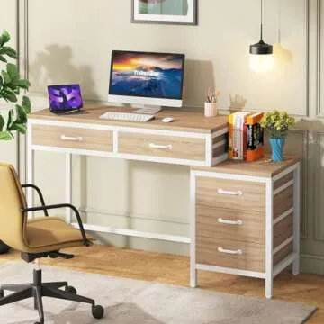 Tribesigns Computer Desk with 5 Drawers, Home Office Desks with Reversible Drawer Cabinet Printer Stand, Industrial PC Desk with Storage, Study Writing Table Workstation for Small Spaces