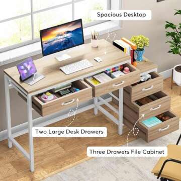 Tribesigns Computer Desk with 5 Drawers, Home Office Desks with Reversible Drawer Cabinet Printer Stand, Industrial PC Desk with Storage, Study Writing Table Workstation for Small Spaces