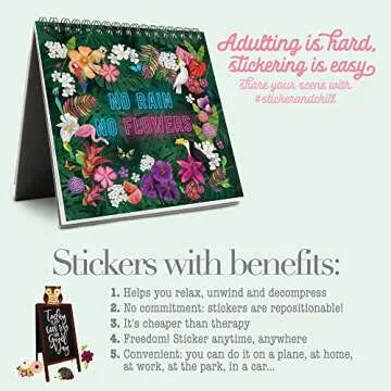 Sticker & Chill Sticker Book for Adults – 800+ Repositionable Colorful Clings Create Designs on 10 Spiral Bound Scene Pages – Easy, Fun & Stress Relieving Relaxation Activity – Flower Fest Series