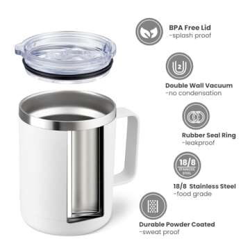 MEWAY 12oz Coffee Mug With Handle and Sliding Lid,Stainless Steel Travel Tumbler Cup with Handle,Dou...