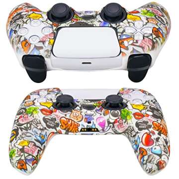 YoRHa Water Transfer Printing Silicone Thickened Cover Skin Case for PS5 Controller x 1(Lovely Graffiti) with Thumb Grips x 10
