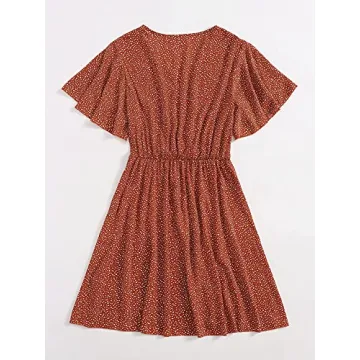 Floral V Neck Plus Size Dress for Women - Rust Brown