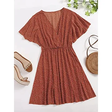 Floral V Neck Plus Size Dress for Women - Rust Brown