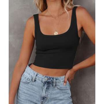 CHYRII Womens Summer Square Neck Going Out Tops Ribbed Basic Tank Crop Workout Tops Black M