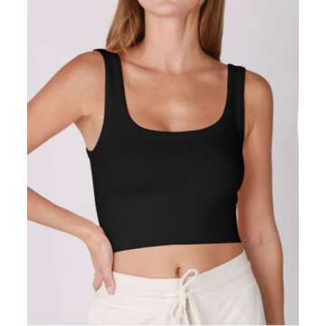CHYRII Womens Summer Square Neck Going Out Tops Ribbed Basic Tank Crop Workout Tops Black M