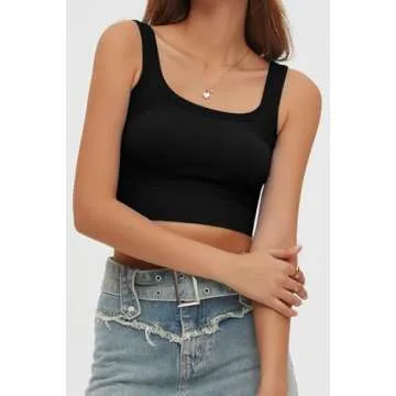 CHYRII Womens Summer Square Neck Going Out Tops Ribbed Basic Tank Crop Workout Tops Black M