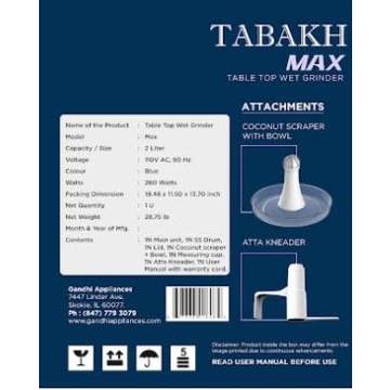 Tabakh Max 2L Wet Grinder with Atta Kneader & Scraper