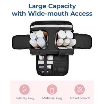 BAGSMART Travel Toiletry Bag, Lightweight Large Wide-open Travel Bag for Women, Puffy Cosmetic Makeup Bag Organizer with Handle for Accessories,Essentials, Toiletries, Black