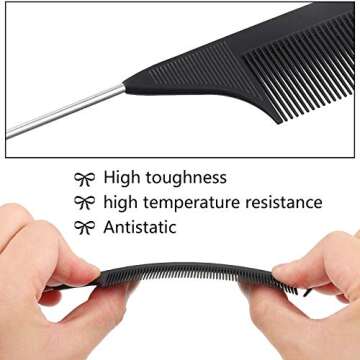 Patelai 6-Piece Carbon Fiber Hair Comb Set - Rat Tail, Pintail, Teasing & Styling Combs with Stainless Steel Handle for Braids & Salon Use (Black, Purple)