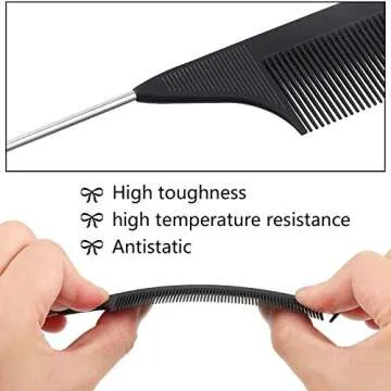 Patelai 6-Piece Carbon Fiber Hair Comb Set - Rat Tail, Pintail, Teasing & Styling Combs with Stainless Steel Handle for Braids & Salon Use (Black, Purple)