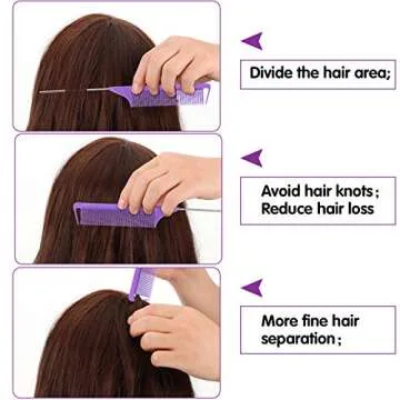 Patelai 6-Piece Carbon Fiber Hair Comb Set - Rat Tail, Pintail, Teasing & Styling Combs with Stainless Steel Handle for Braids & Salon Use (Black, Purple)