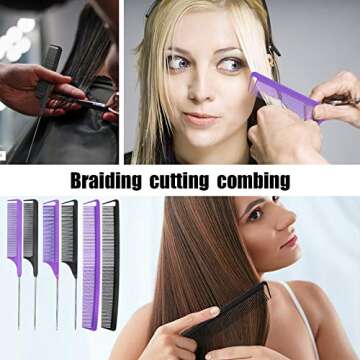 Patelai 6-Piece Carbon Fiber Hair Comb Set - Rat Tail, Pintail, Teasing & Styling Combs with Stainless Steel Handle for Braids & Salon Use (Black, Purple)