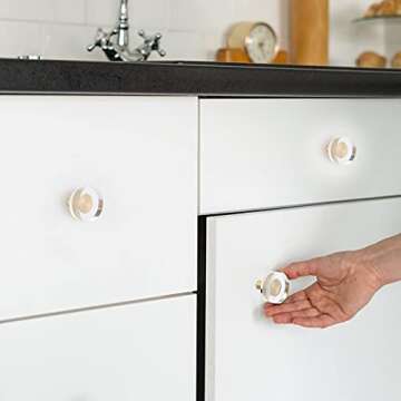 Glass Cabinet Knobs Crystal Cabinet Pulls Gold Cabinet Handle Brass Drawer Pull for Dresser Furniture Kitchen Cupboard Hardware(8 Pieces,Round Style)