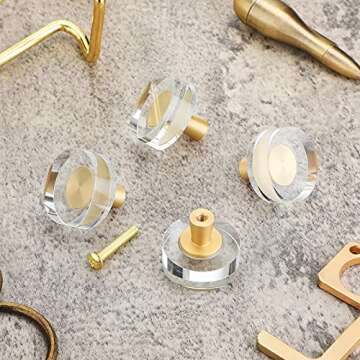 Glass Cabinet Knobs Crystal Cabinet Pulls Gold Cabinet Handle Brass Drawer Pull for Dresser Furniture Kitchen Cupboard Hardware(8 Pieces,Round Style)