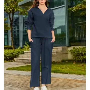 SeeLuNa Lounge Sets for Women 2 Piece Outfits Long Sleeve V Neck Pullover Sweatshirts Wide Leg Pants Travel Tracksuit Set(Navy,S)