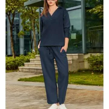 SeeLuNa Lounge Sets for Women 2 Piece Outfits Long Sleeve V Neck Pullover Sweatshirts Wide Leg Pants Travel Tracksuit Set(Navy,S)