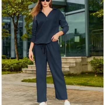 SeeLuNa Lounge Sets for Women 2 Piece Outfits Long Sleeve V Neck Pullover Sweatshirts Wide Leg Pants Travel Tracksuit Set(Navy,S)