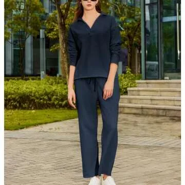 SeeLuNa Lounge Sets for Women 2 Piece Outfits Long Sleeve V Neck Pullover Sweatshirts Wide Leg Pants Travel Tracksuit Set(Navy,S)