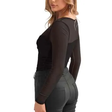 REORIA Women's Fall Sexy Round Neck Front Twist Knot Long Sleeve Sheer Mesh Slimming Ruched Trendy G...