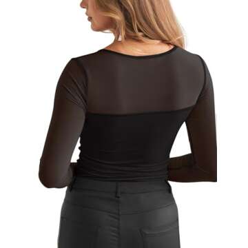 REORIA Women's Fall Sexy Round Neck Front Twist Knot Long Sleeve Sheer Mesh Slimming Ruched Trendy Going Out Bodysuit Tops for Night Out Black Small