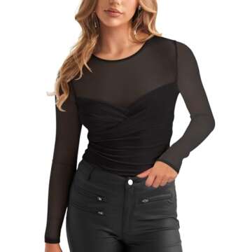 REORIA Women's Fall Sexy Round Neck Front Twist Knot Long Sleeve Sheer Mesh Slimming Ruched Trendy Going Out Bodysuit Tops for Night Out Black Small