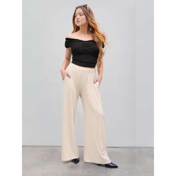 CIDER Wide Leg Palazzo Pants for Women with Pockets Elastic Business Causal Pants Women Summer for Beach Travel Trousers Beige