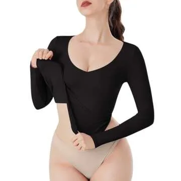 REORIA Women's Long Sleeve Tops 2024 Fall V Neck Slim Fitted Soft Layering Basic Shirt Thermal Doubl...