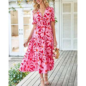 BTFBM 2025 Womens Summer Boho Dress Tie Front Deep V Neck Cutout Short Sleeve Casual Party Floral Be...